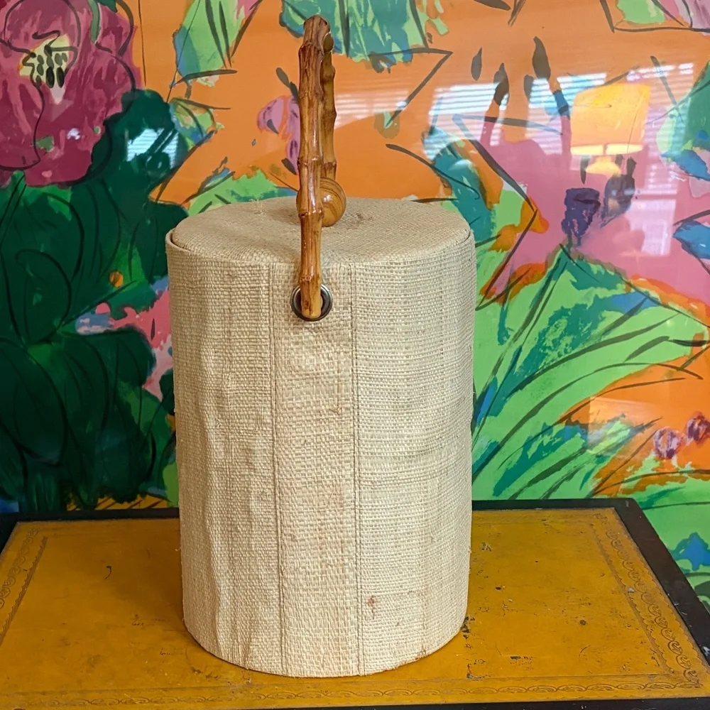 Vintage MCM GrassCloth Raffia Burlap Ice Bucket Bamboo Handle Tiki Bar Tropical